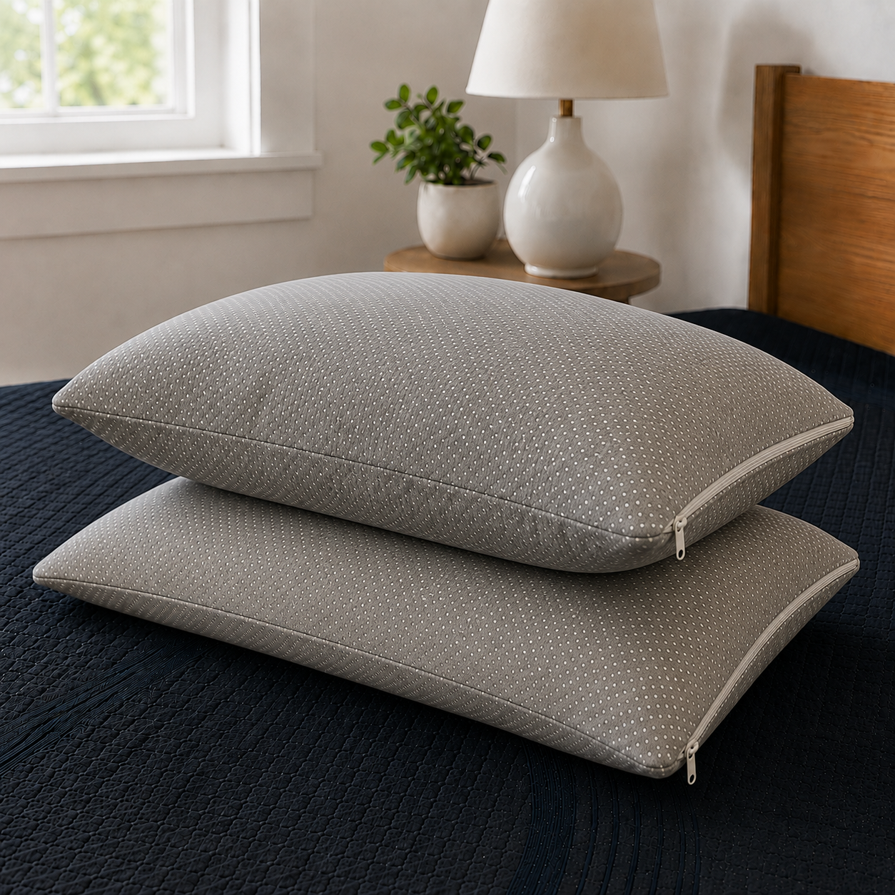 Two light gray textured pillows stacked on a dark bedspread in a softly lit bedroom, with a window, lamp, and small plant in the background.