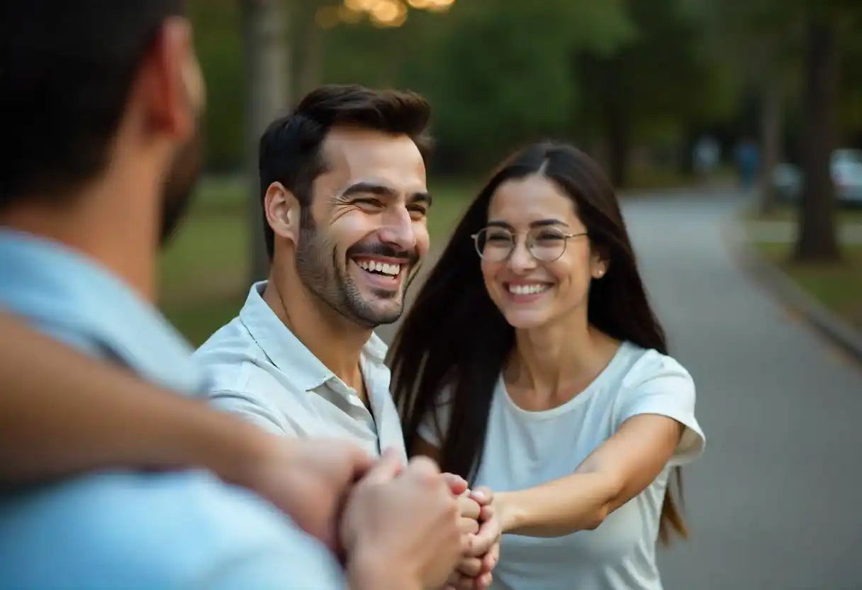 Smiling couple holding hands.
