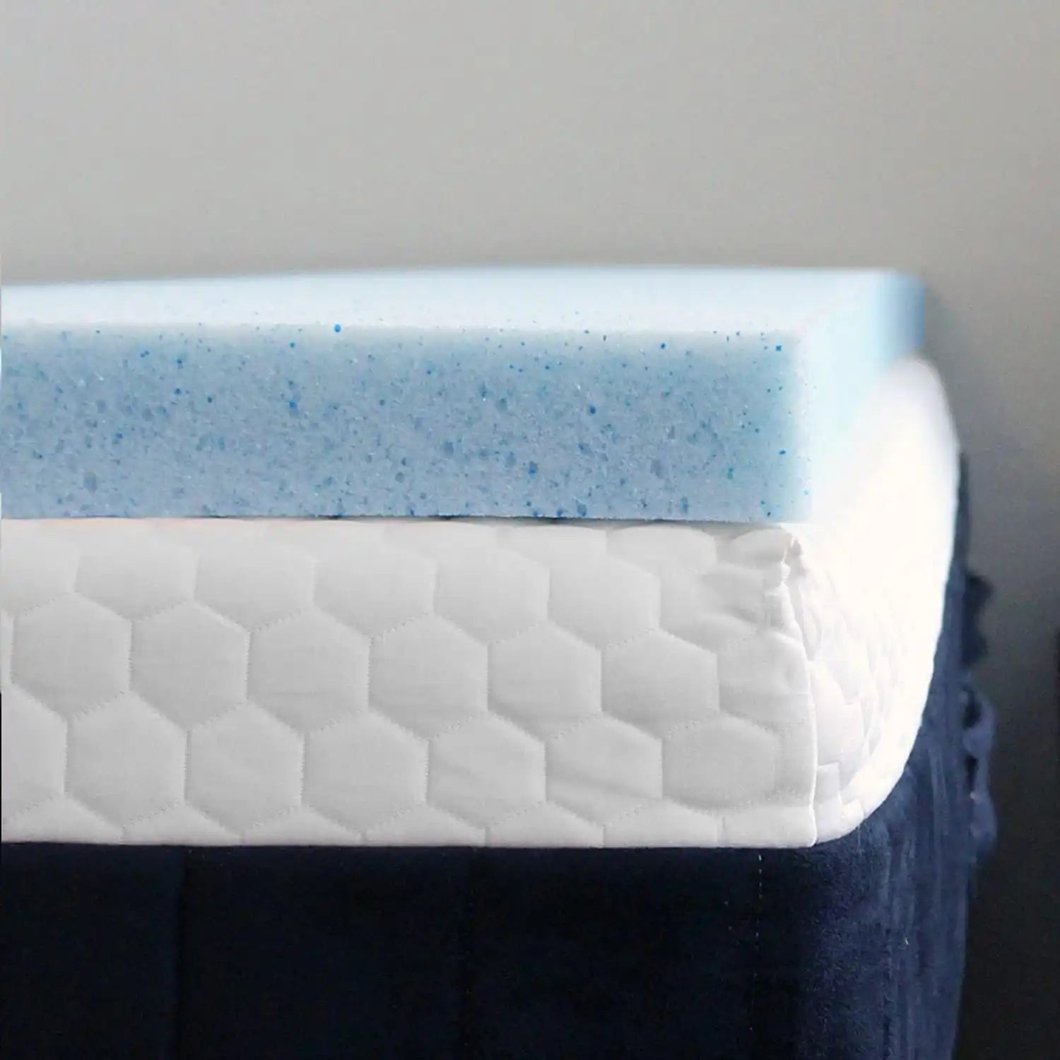 Layered mattress with blue foam.