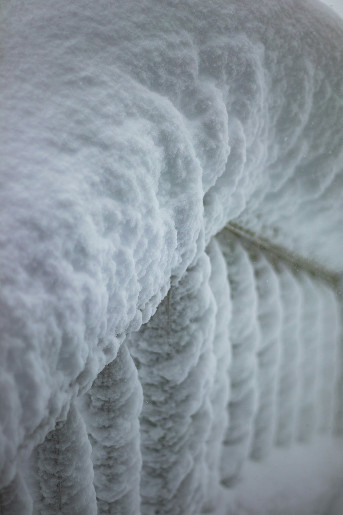 Thick ice formations on a railing in winter
