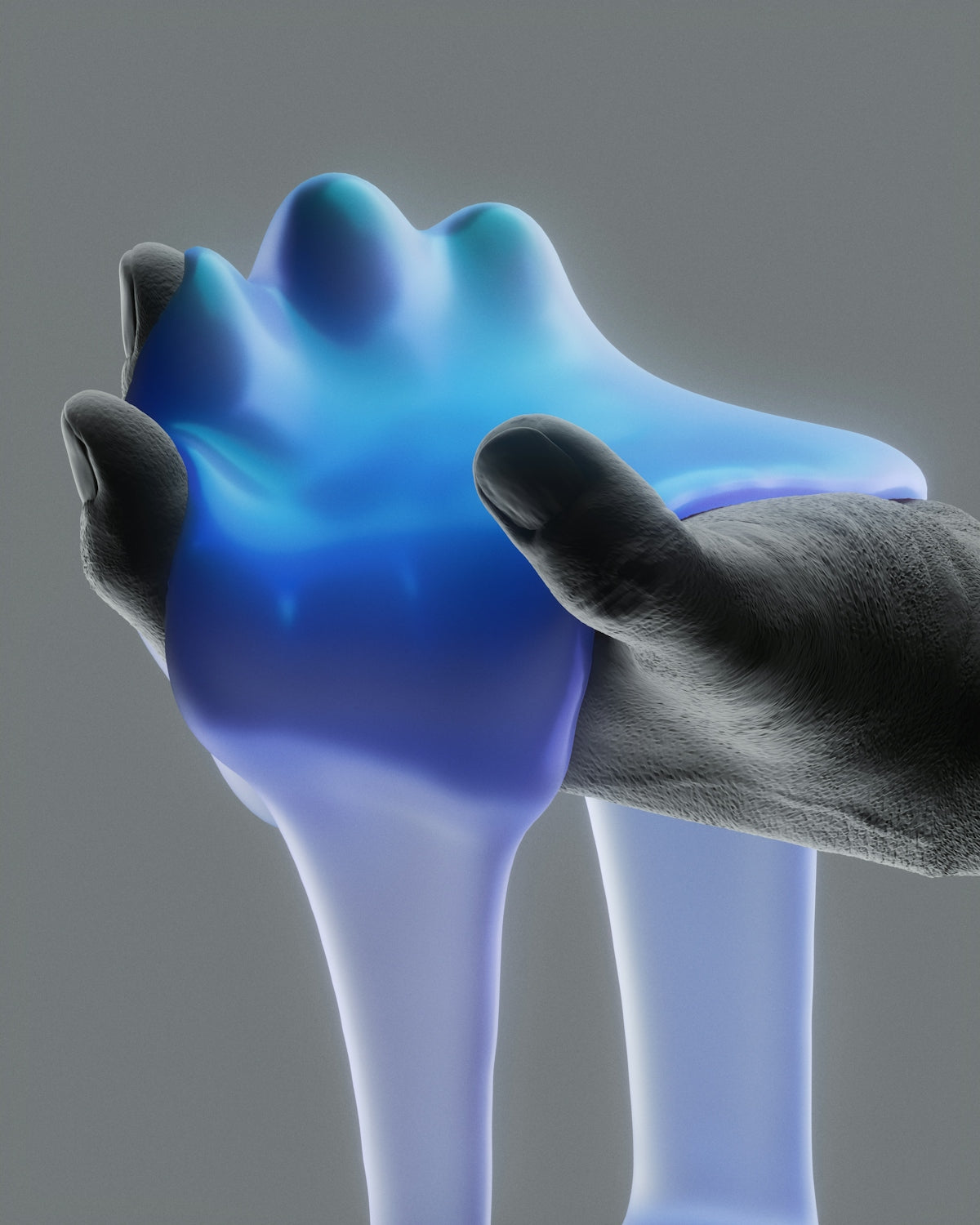 Dark hand grasping a vibrant blue, flowing, translucent material.